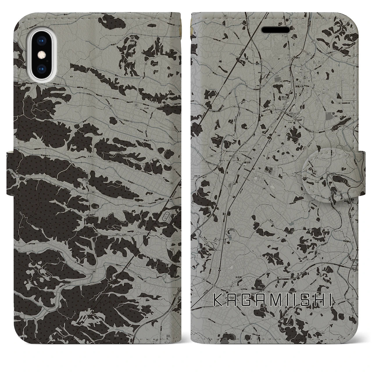 【鏡石（福島県）】地図柄iPhoneケース（手帳タイプ）モノトーン・iPhone XS Max 用