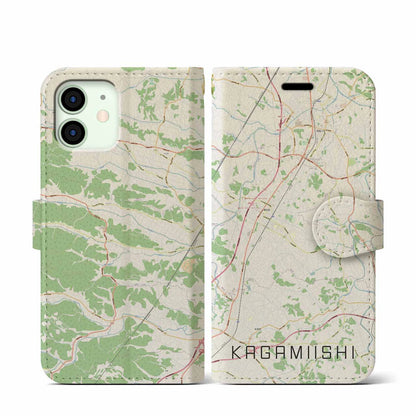 【鏡石（福島県）】地図柄iPhoneケース（手帳タイプ）ナチュラル・iPhone 12 mini 用