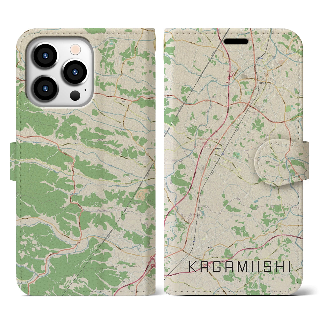 【鏡石（福島県）】地図柄iPhoneケース（手帳タイプ）ナチュラル・iPhone 13 Pro 用