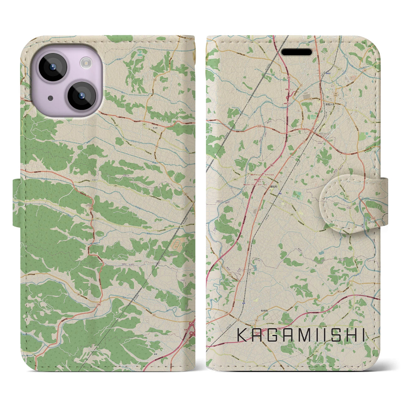 【鏡石（福島県）】地図柄iPhoneケース（手帳タイプ）ナチュラル・iPhone 14 用