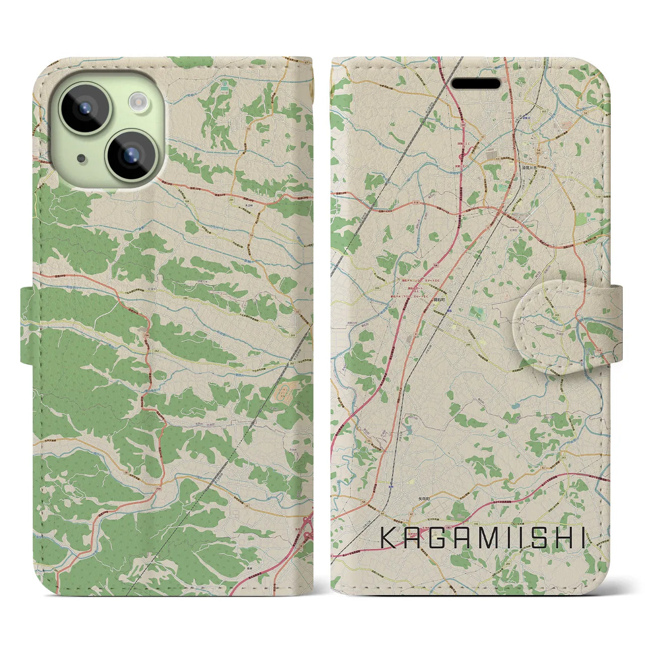 【鏡石（福島県）】地図柄iPhoneケース（手帳タイプ）ナチュラル・iPhone 15 用