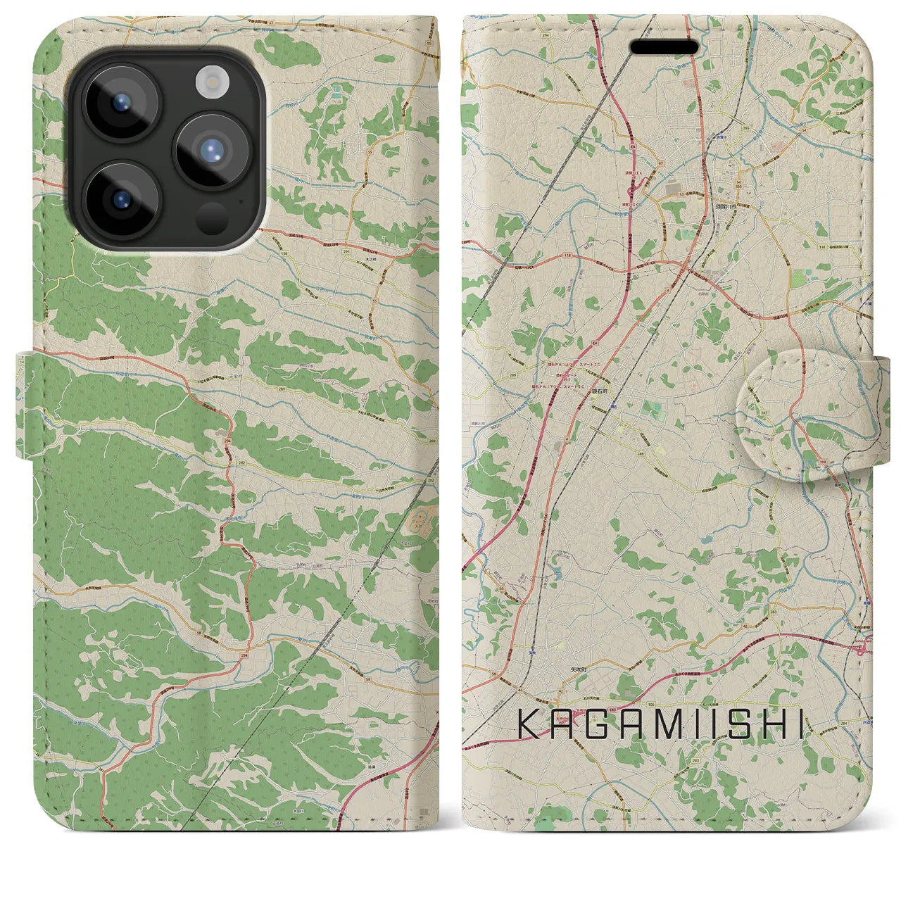 【鏡石（福島県）】地図柄iPhoneケース（手帳タイプ）ナチュラル・iPhone 15 Pro Max 用