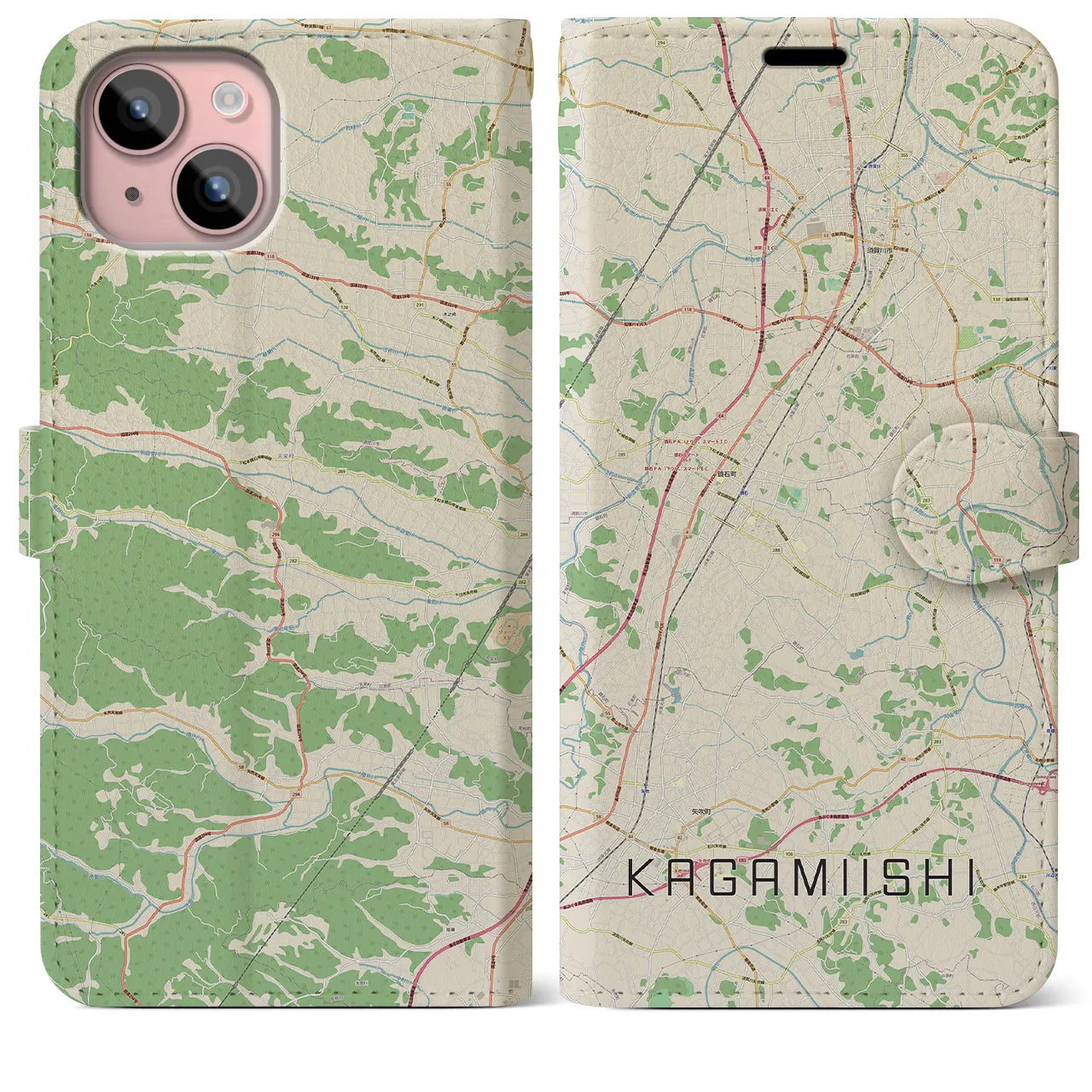 【鏡石（福島県）】地図柄iPhoneケース（手帳タイプ）ナチュラル・iPhone 15 Plus 用
