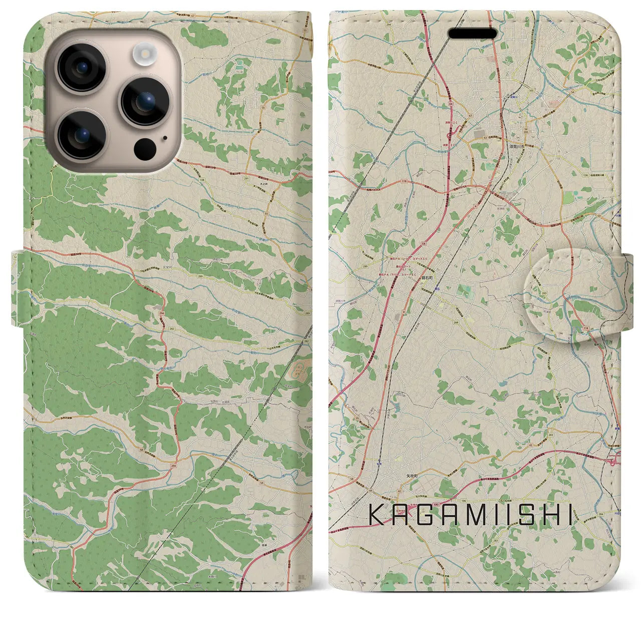 【鏡石（福島県）】地図柄iPhoneケース（手帳タイプ）ナチュラル・iPhone 16 Plus 用