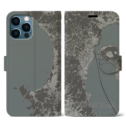 【鹿児島2（鹿児島県）】地図柄iPhoneケース（手帳タイプ）モノトーン・iPhone 12 / 12 Pro 用