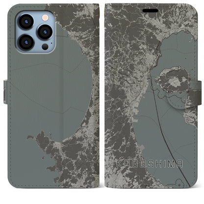 【鹿児島2（鹿児島県）】地図柄iPhoneケース（手帳タイプ）モノトーン・iPhone 13 Pro Max 用