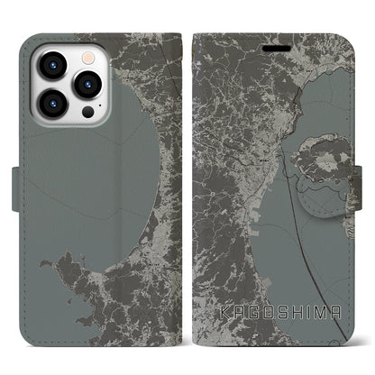【鹿児島2（鹿児島県）】地図柄iPhoneケース（手帳タイプ）モノトーン・iPhone 13 Pro 用