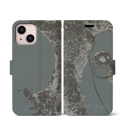 【鹿児島2（鹿児島県）】地図柄iPhoneケース（手帳タイプ）モノトーン・iPhone 13 mini 用