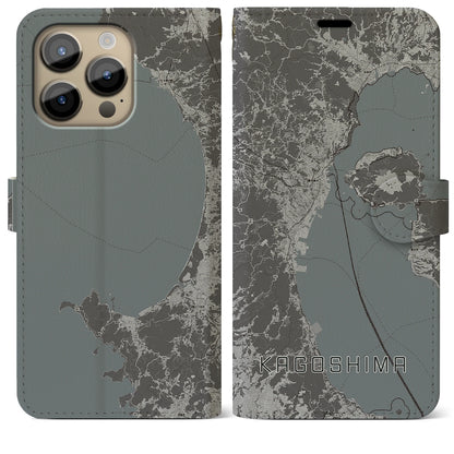 【鹿児島2（鹿児島県）】地図柄iPhoneケース（手帳タイプ）モノトーン・iPhone 14 Pro Max 用