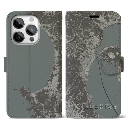 【鹿児島2（鹿児島県）】地図柄iPhoneケース（手帳タイプ）モノトーン・iPhone 14 Pro 用