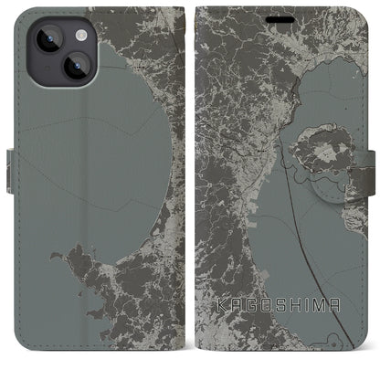 【鹿児島2（鹿児島県）】地図柄iPhoneケース（手帳タイプ）モノトーン・iPhone 14 Plus 用