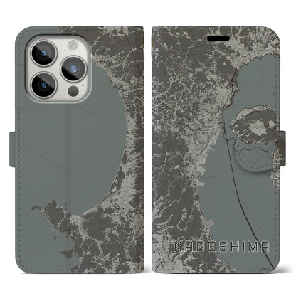 【鹿児島2（鹿児島県）】地図柄iPhoneケース（手帳タイプ）モノトーン・iPhone 15 Pro 用