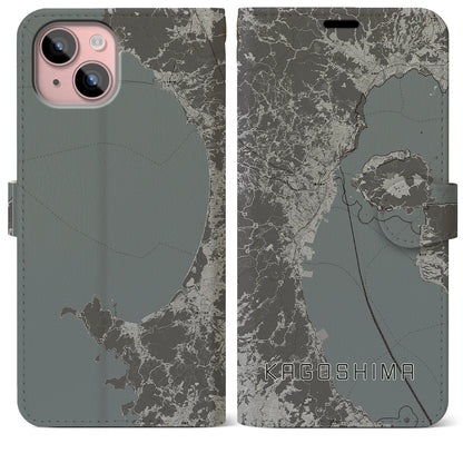 【鹿児島2（鹿児島県）】地図柄iPhoneケース（手帳タイプ）モノトーン・iPhone 15 Plus 用