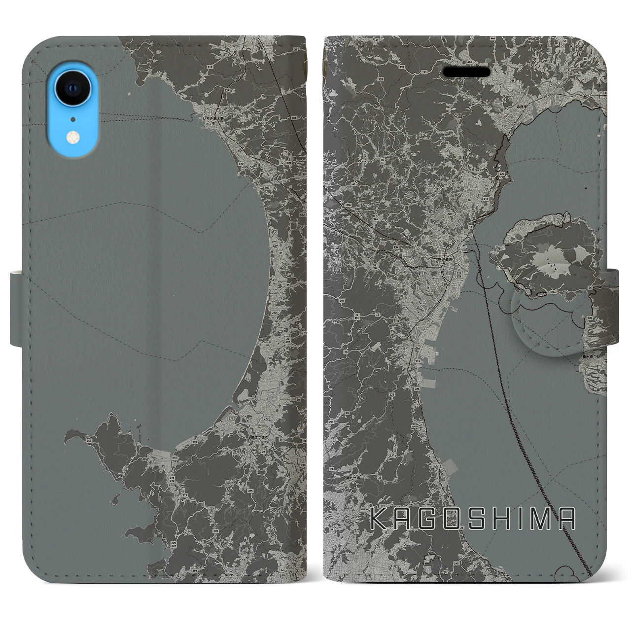 【鹿児島2】地図柄iPhoneケース（手帳両面タイプ・モノトーン）iPhone XR 用