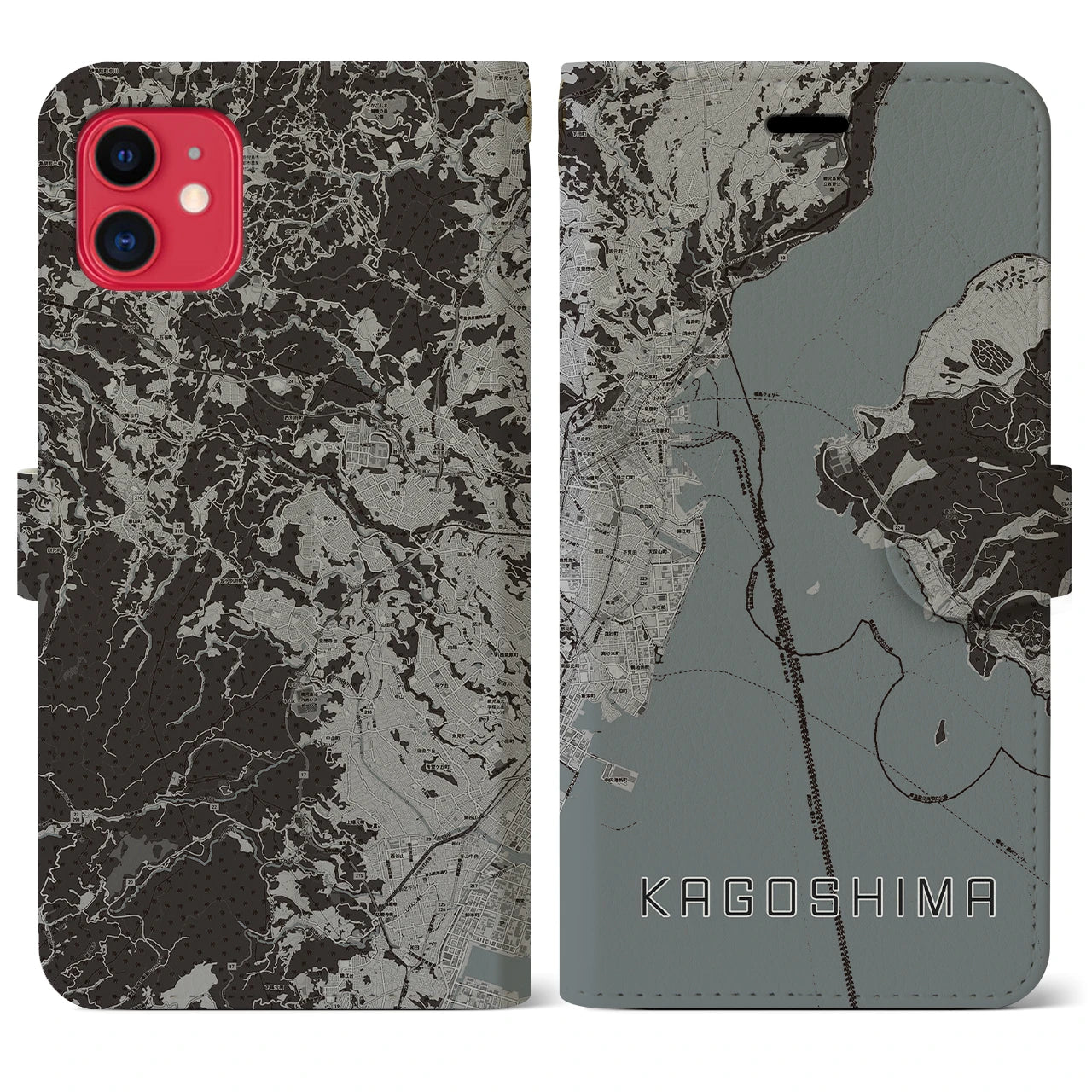 【鹿児島】地図柄iPhoneケース（手帳両面タイプ・モノトーン）iPhone 11 用