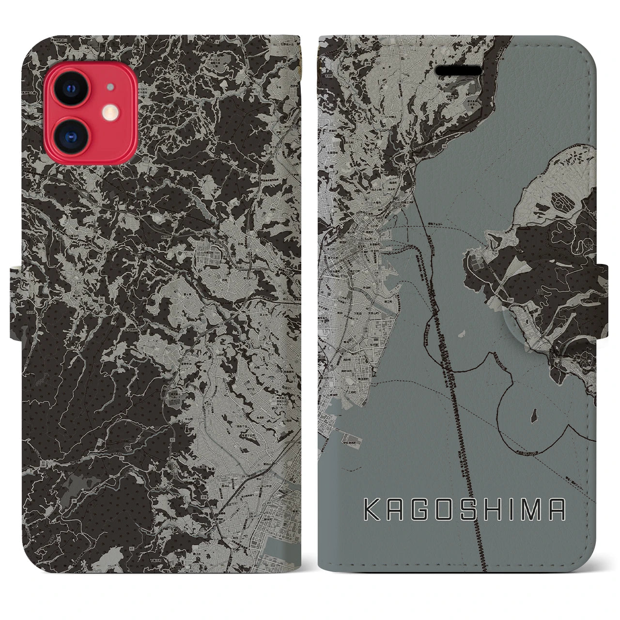 【鹿児島（鹿児島県）】地図柄iPhoneケース（手帳タイプ）モノトーン・iPhone 11 用