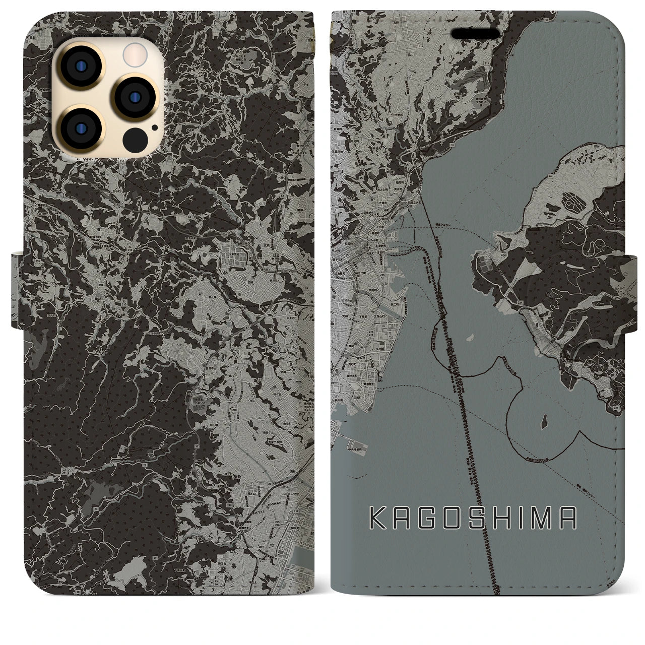 【鹿児島】地図柄iPhoneケース（手帳両面タイプ・モノトーン）iPhone 12 Pro Max 用