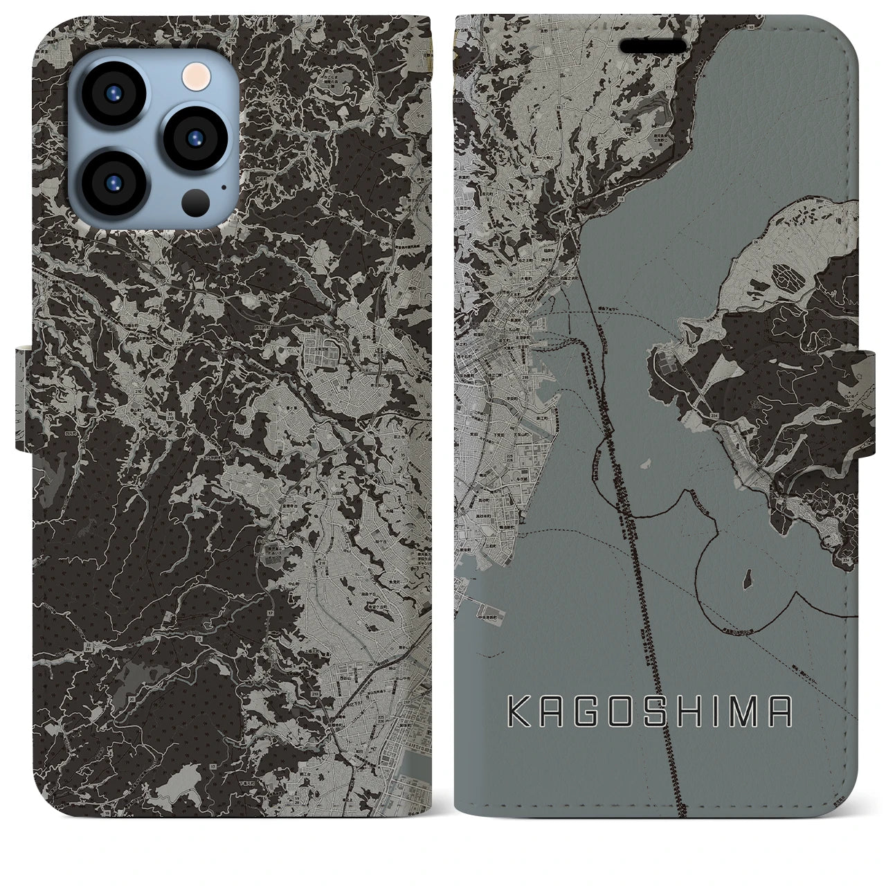 【鹿児島】地図柄iPhoneケース（手帳両面タイプ・モノトーン）iPhone 13 Pro Max 用