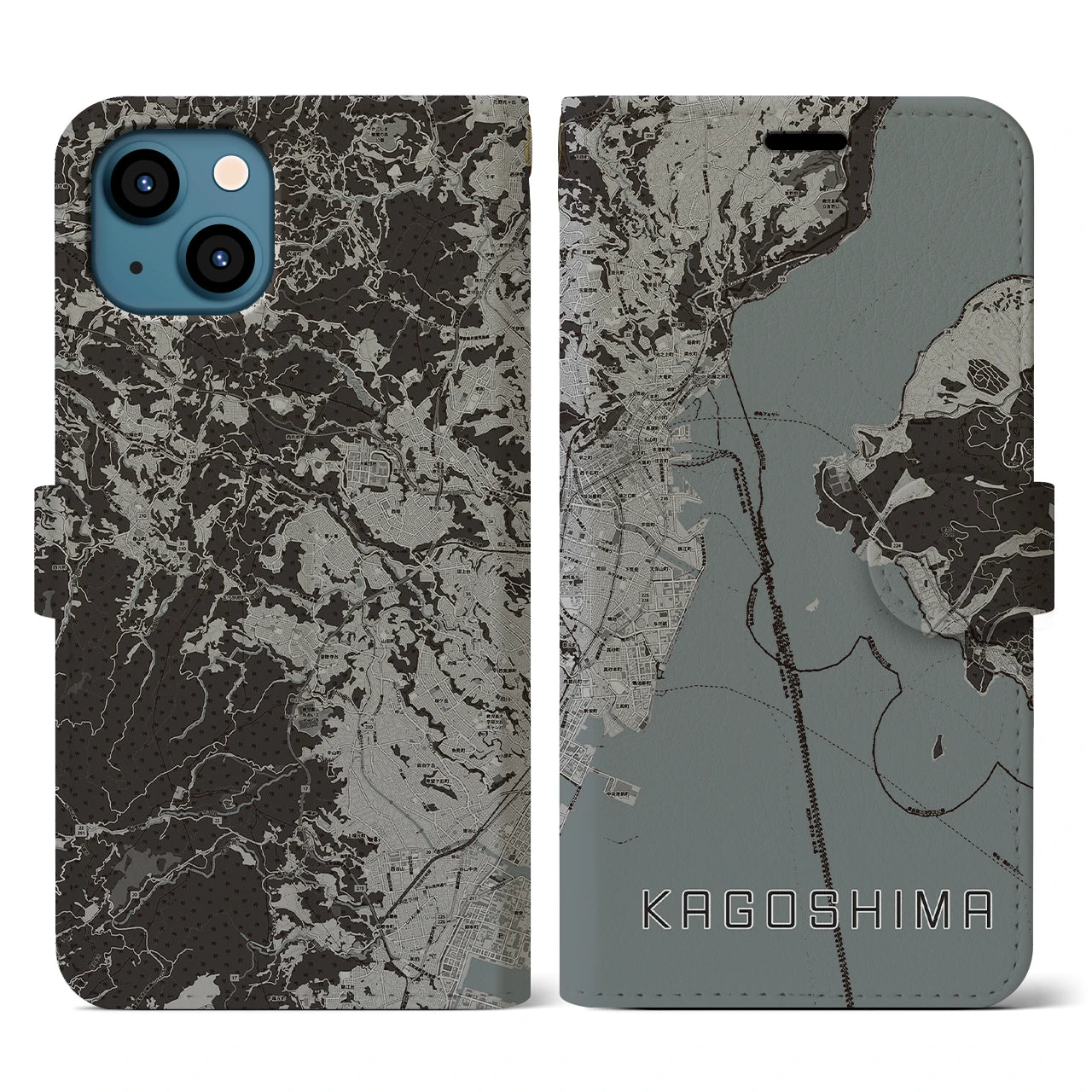 【鹿児島（鹿児島県）】地図柄iPhoneケース（手帳タイプ）モノトーン・iPhone 13 用