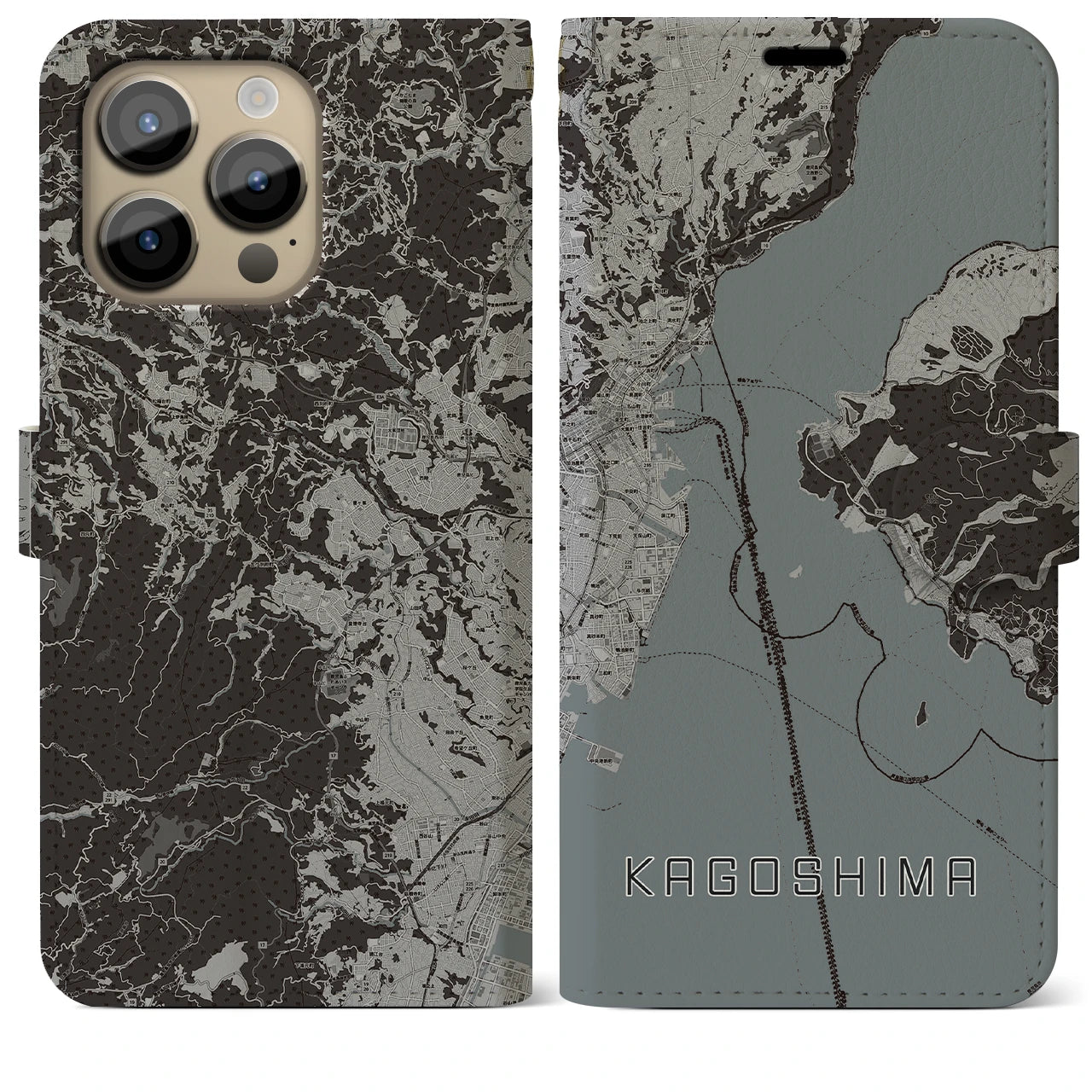 【鹿児島】地図柄iPhoneケース（手帳両面タイプ・モノトーン）iPhone 14 Pro Max 用