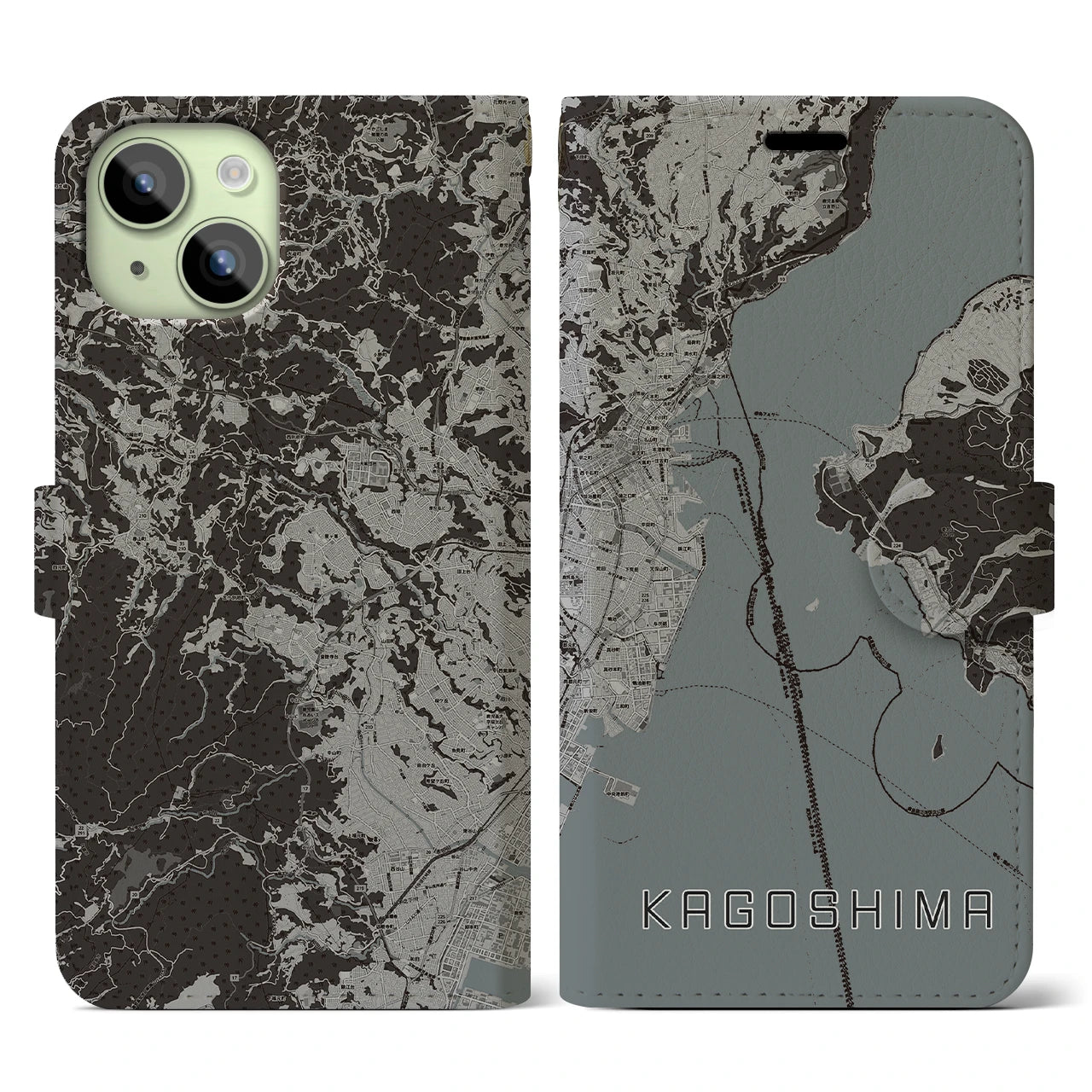 【鹿児島】地図柄iPhoneケース（手帳両面タイプ・モノトーン）iPhone 15 用