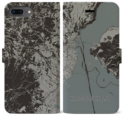 【鹿児島（鹿児島県）】地図柄iPhoneケース（手帳タイプ）モノトーン・iPhone 8Plus /7Plus / 6sPlus / 6Plus 用