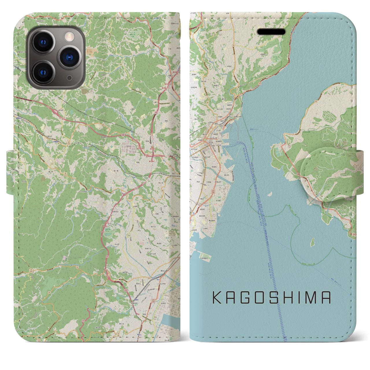 【鹿児島（鹿児島県）】地図柄iPhoneケース（手帳タイプ）ナチュラル・iPhone 11 Pro Max 用