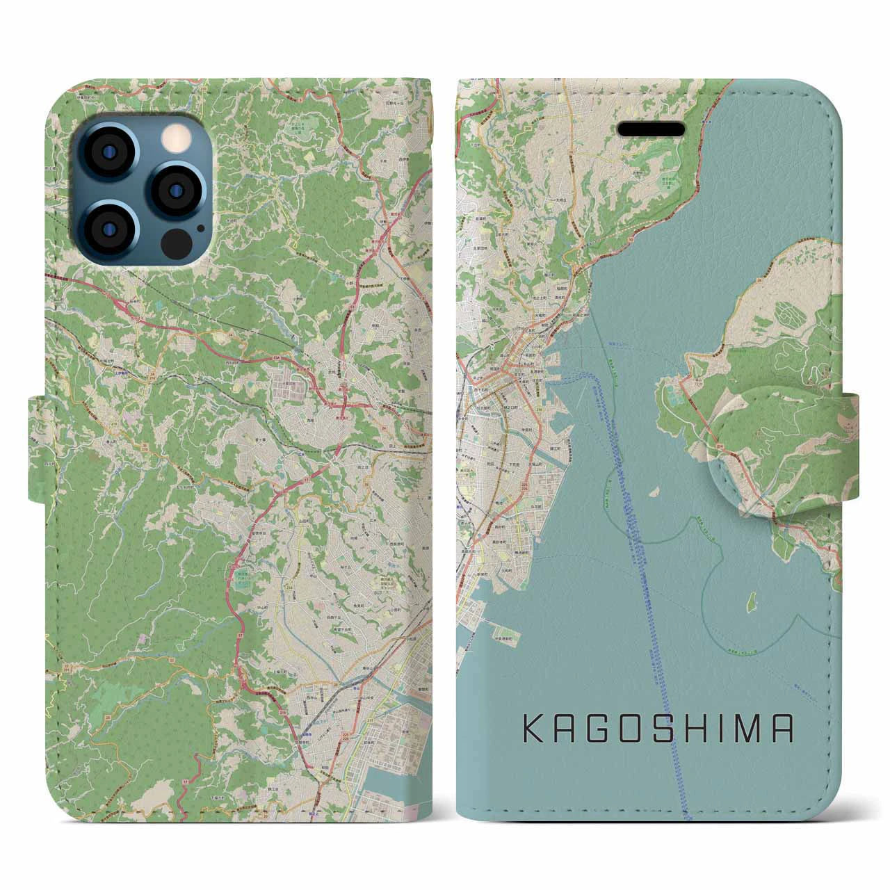 【鹿児島（鹿児島県）】地図柄iPhoneケース（手帳タイプ）ナチュラル・iPhone 12 / 12 Pro 用