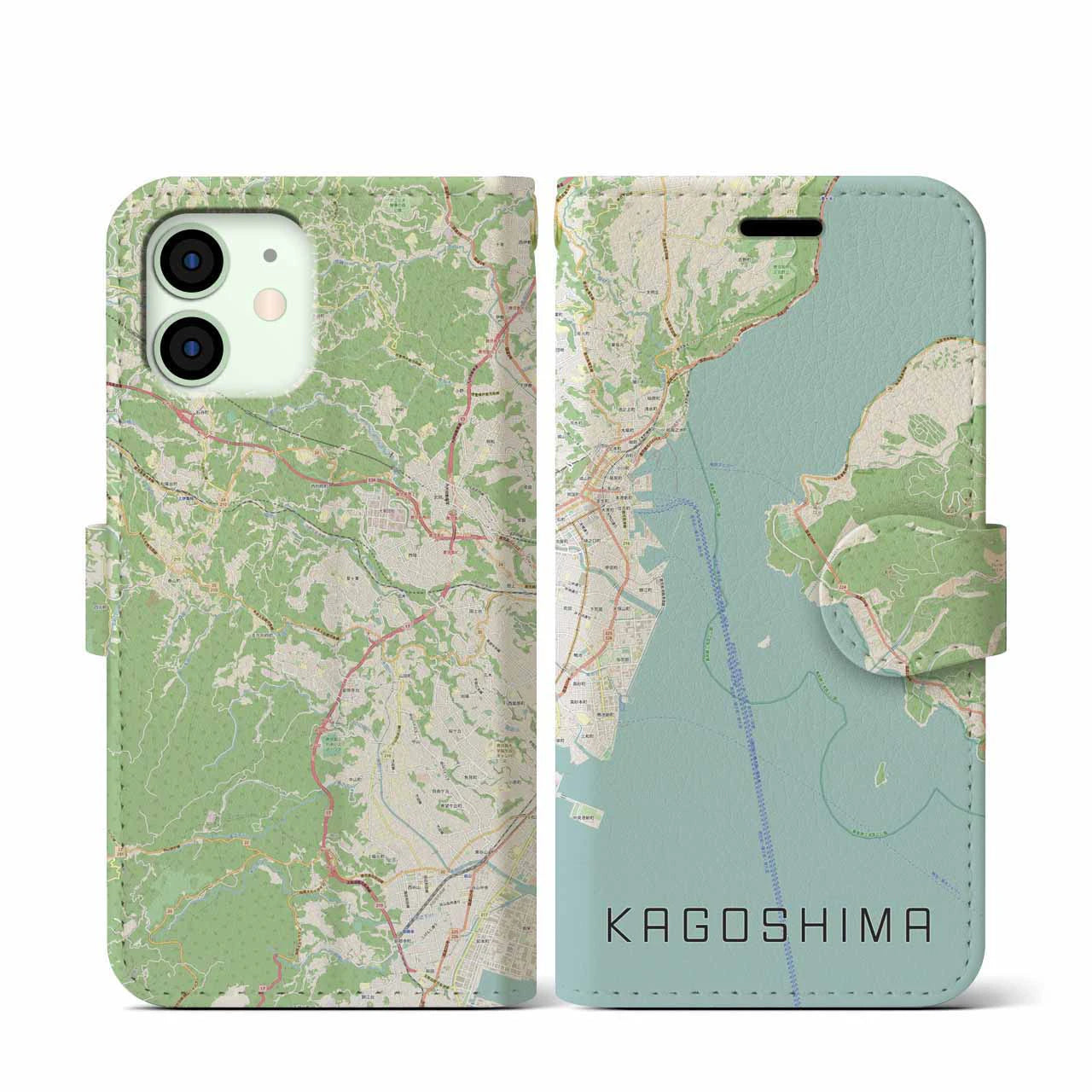 【鹿児島（鹿児島県）】地図柄iPhoneケース（手帳タイプ）ナチュラル・iPhone 12 mini 用