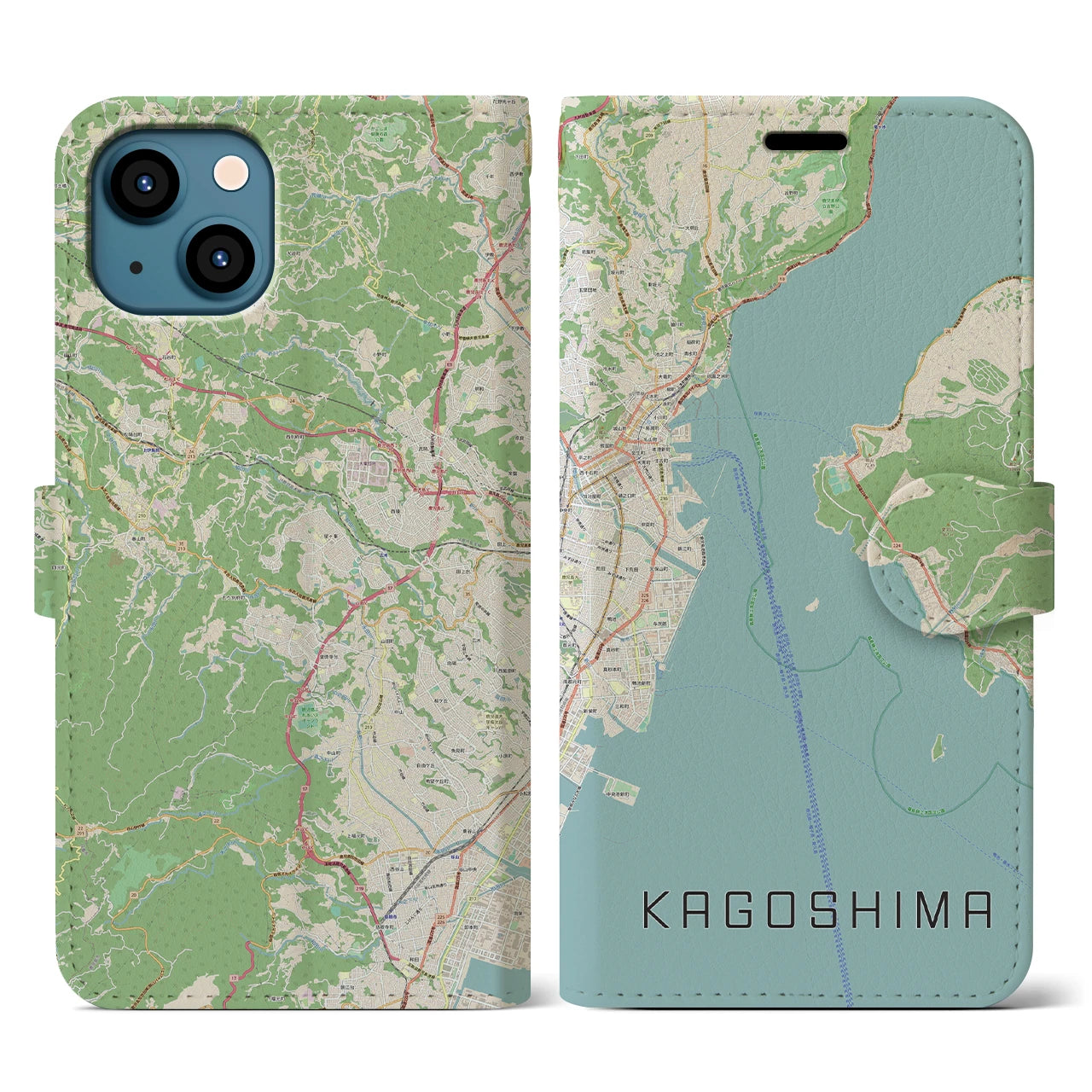 【鹿児島（鹿児島県）】地図柄iPhoneケース（手帳タイプ）ナチュラル・iPhone 13 用