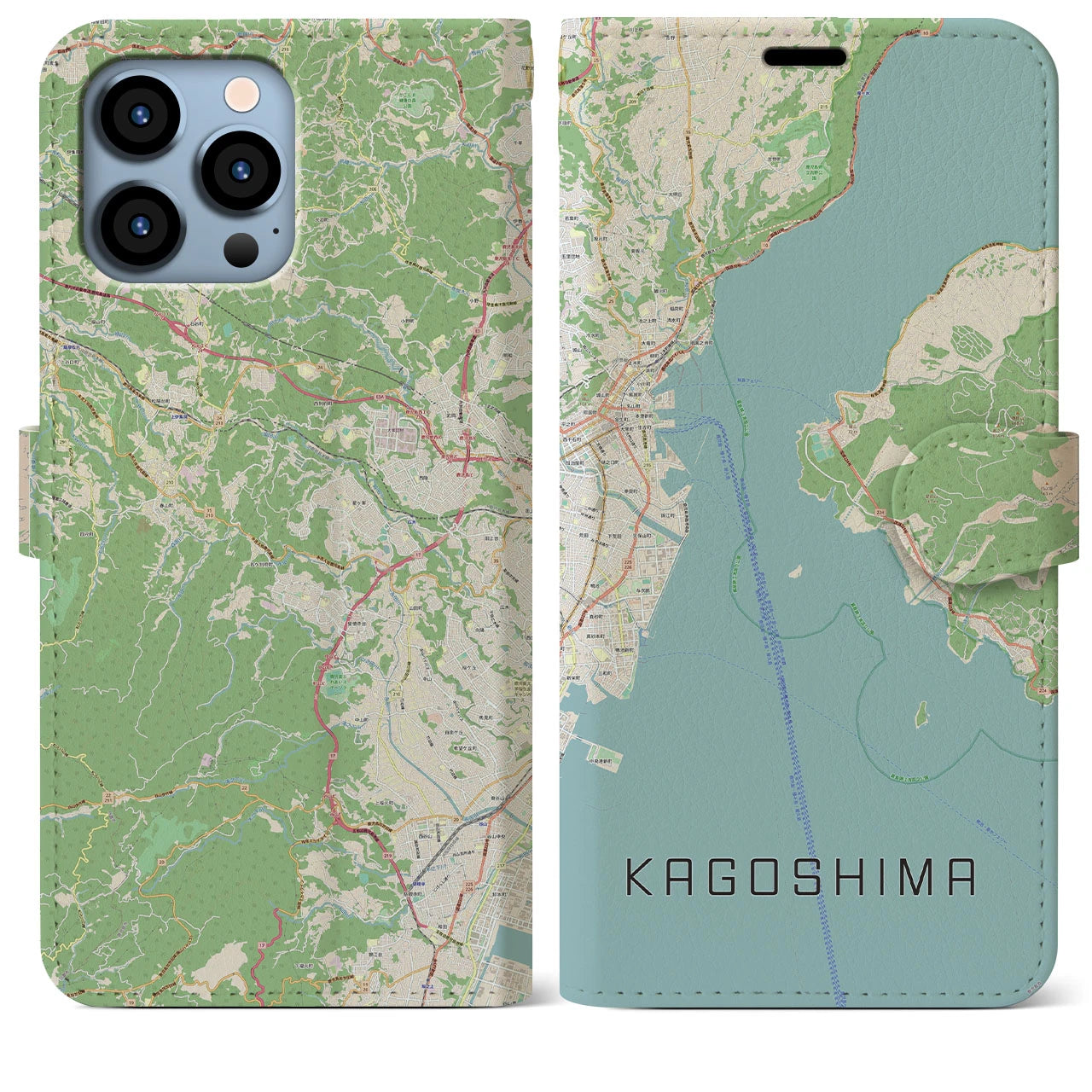 【鹿児島（鹿児島県）】地図柄iPhoneケース（手帳タイプ）ナチュラル・iPhone 13 Pro Max 用