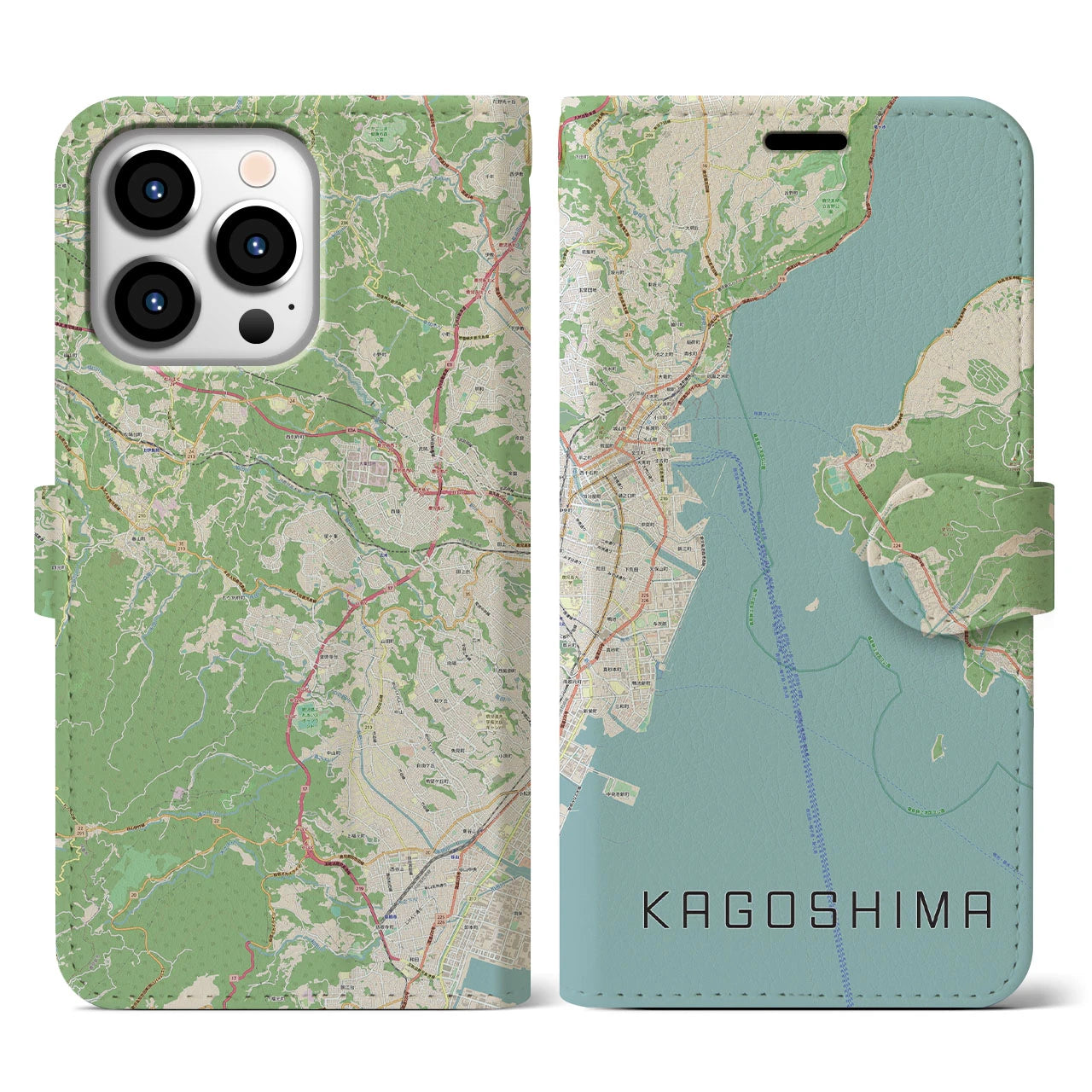 【鹿児島（鹿児島県）】地図柄iPhoneケース（手帳タイプ）ナチュラル・iPhone 13 Pro 用