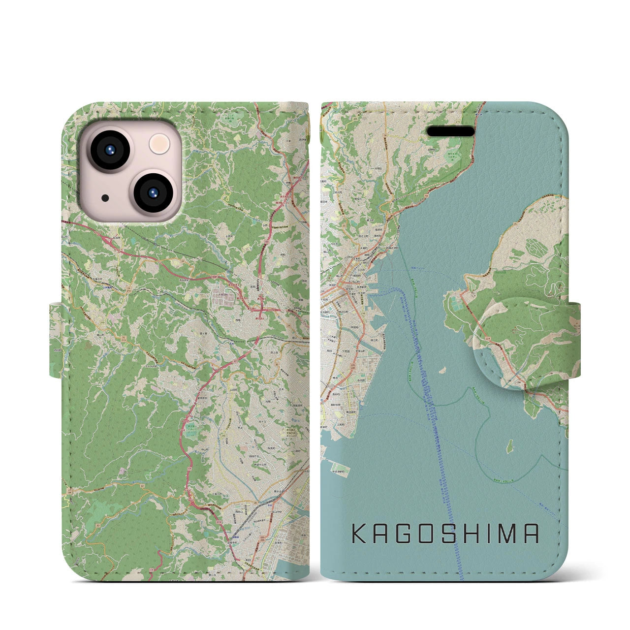 【鹿児島（鹿児島県）】地図柄iPhoneケース（手帳タイプ）ナチュラル・iPhone 13 mini 用