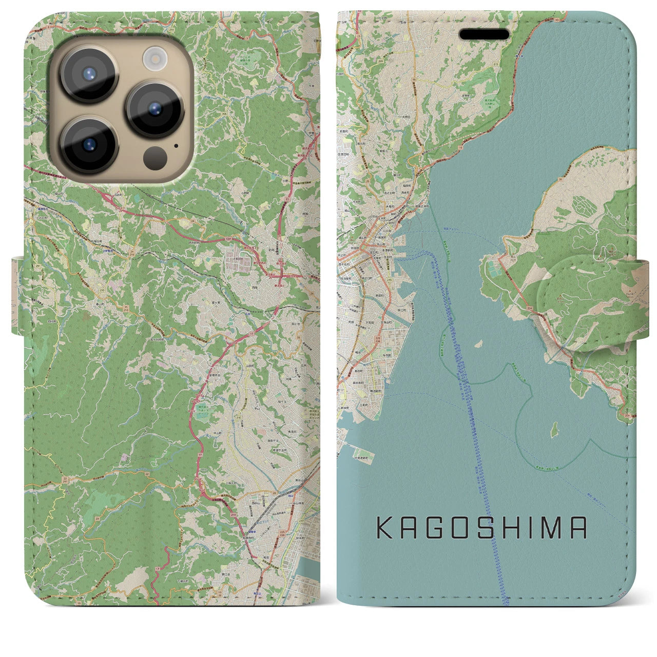 【鹿児島（鹿児島県）】地図柄iPhoneケース（手帳タイプ）ナチュラル・iPhone 14 Pro Max 用