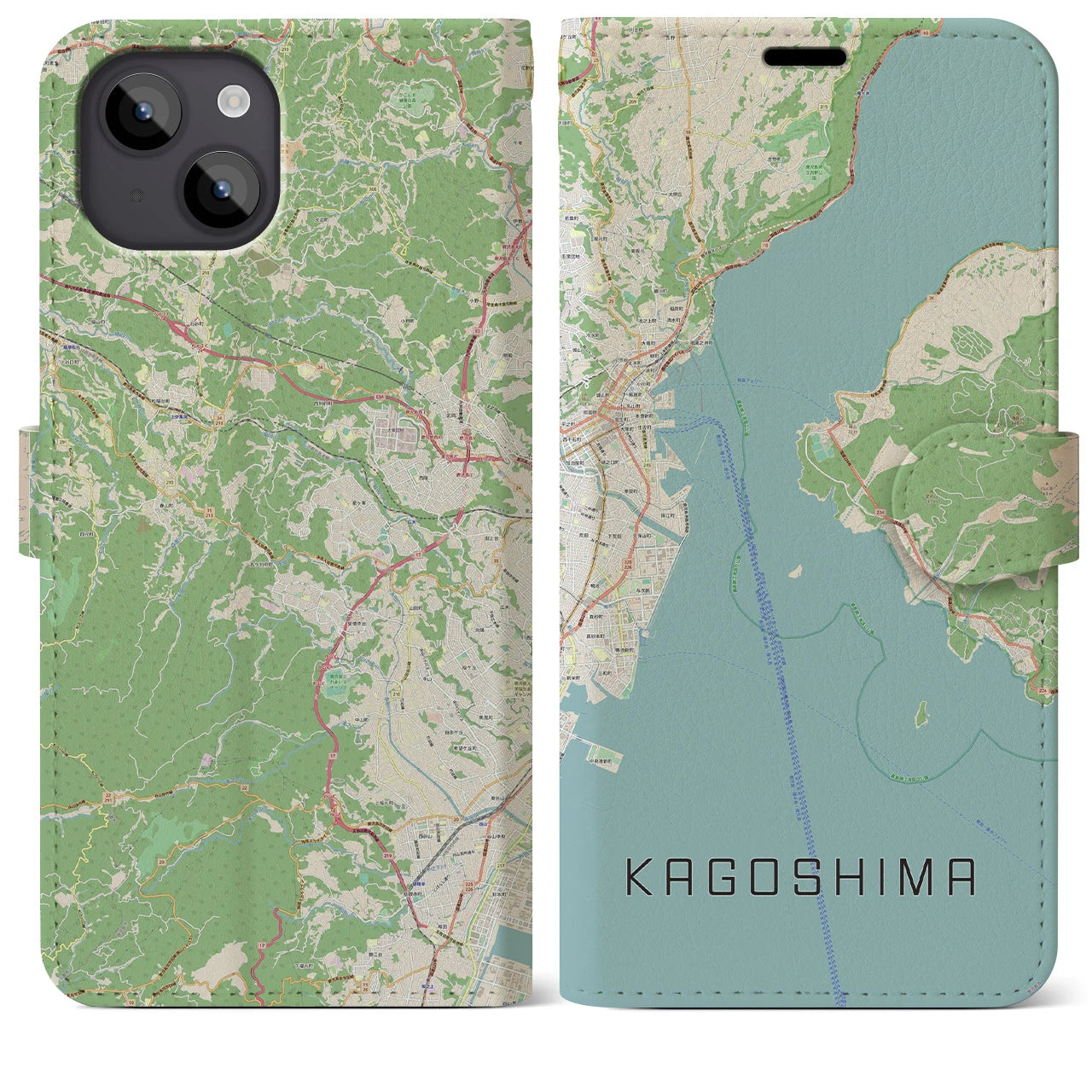 【鹿児島（鹿児島県）】地図柄iPhoneケース（手帳タイプ）ナチュラル・iPhone 14 Plus 用