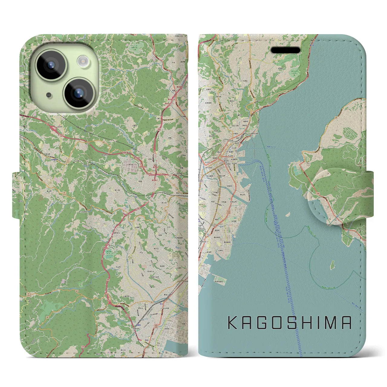 【鹿児島（鹿児島県）】地図柄iPhoneケース（手帳タイプ）ナチュラル・iPhone 15 用