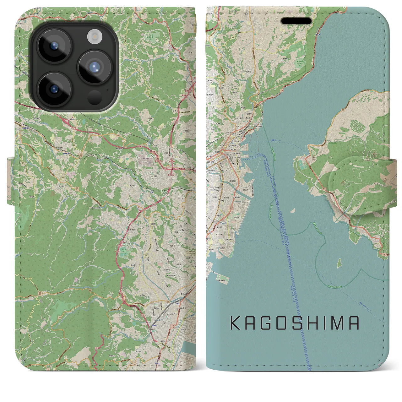 【鹿児島（鹿児島県）】地図柄iPhoneケース（手帳タイプ）ナチュラル・iPhone 15 Pro Max 用