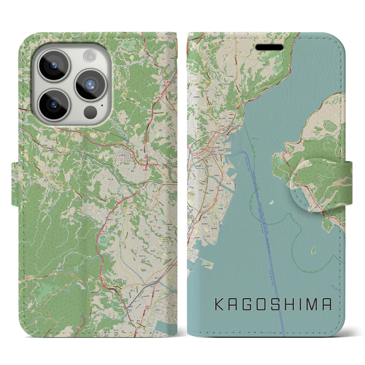 【鹿児島（鹿児島県）】地図柄iPhoneケース（手帳タイプ）ナチュラル・iPhone 15 Pro 用