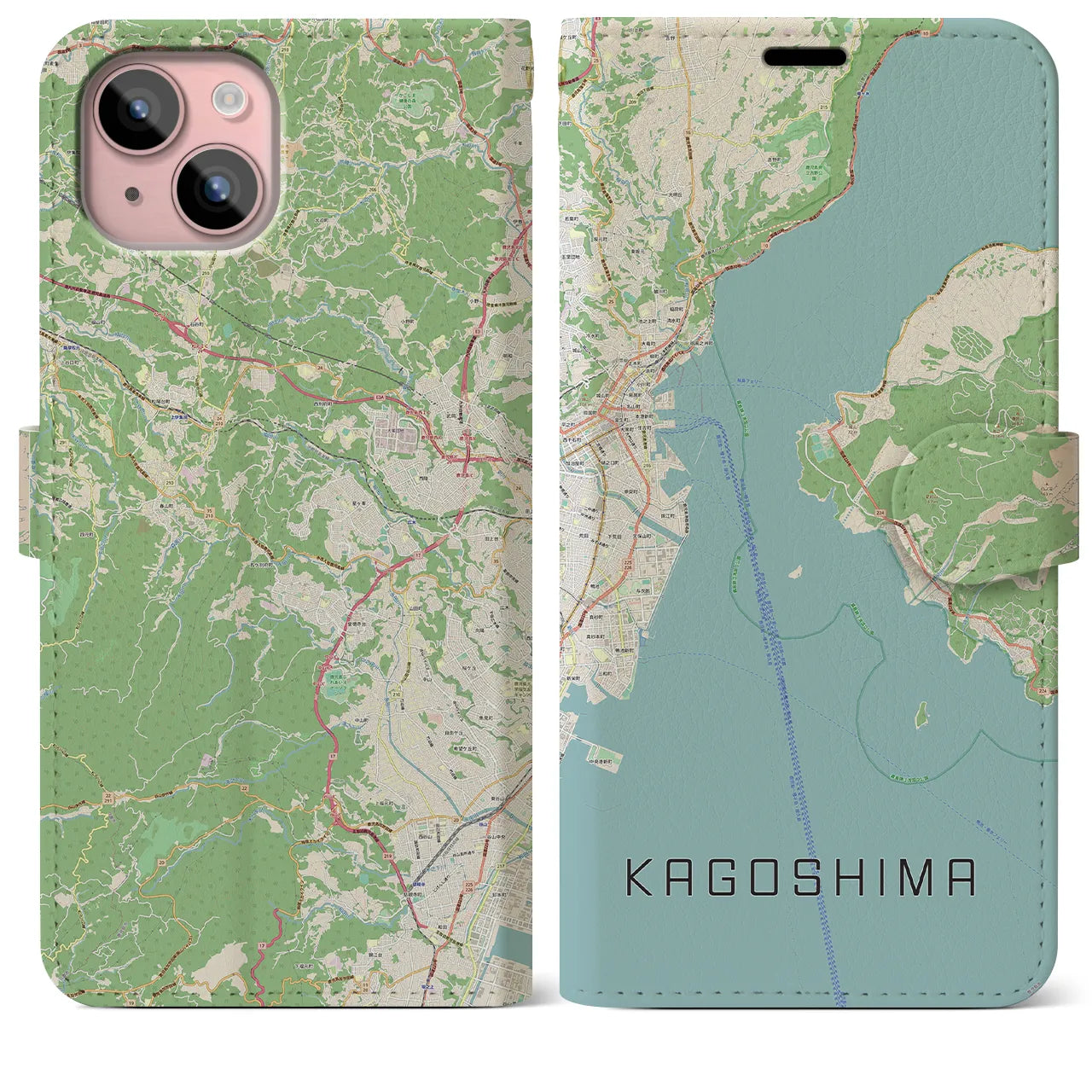 【鹿児島（鹿児島県）】地図柄iPhoneケース（手帳タイプ）ナチュラル・iPhone 15 Plus 用