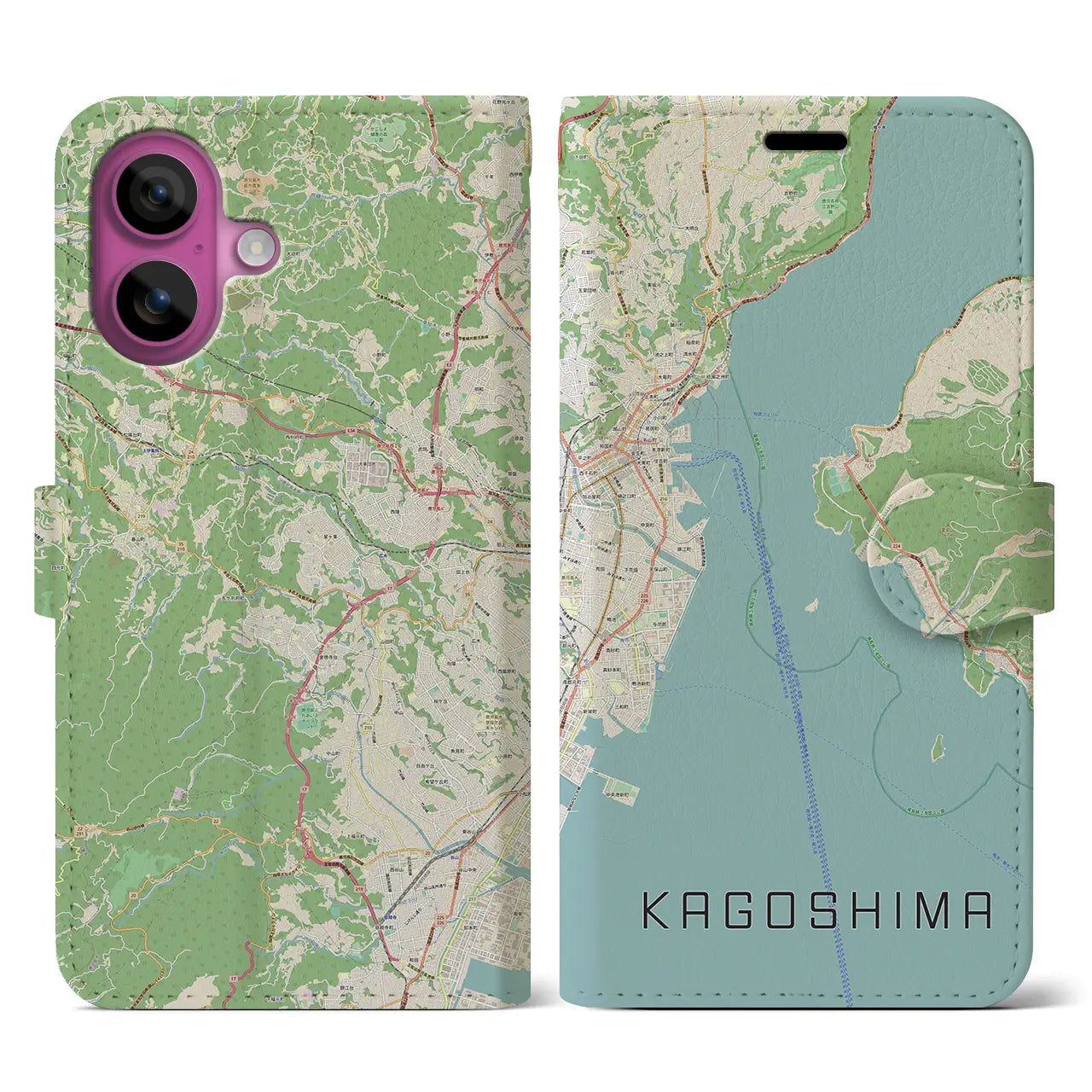 【鹿児島（鹿児島県）】地図柄iPhoneケース（手帳タイプ）ナチュラル・iPhone 16 Pro 用