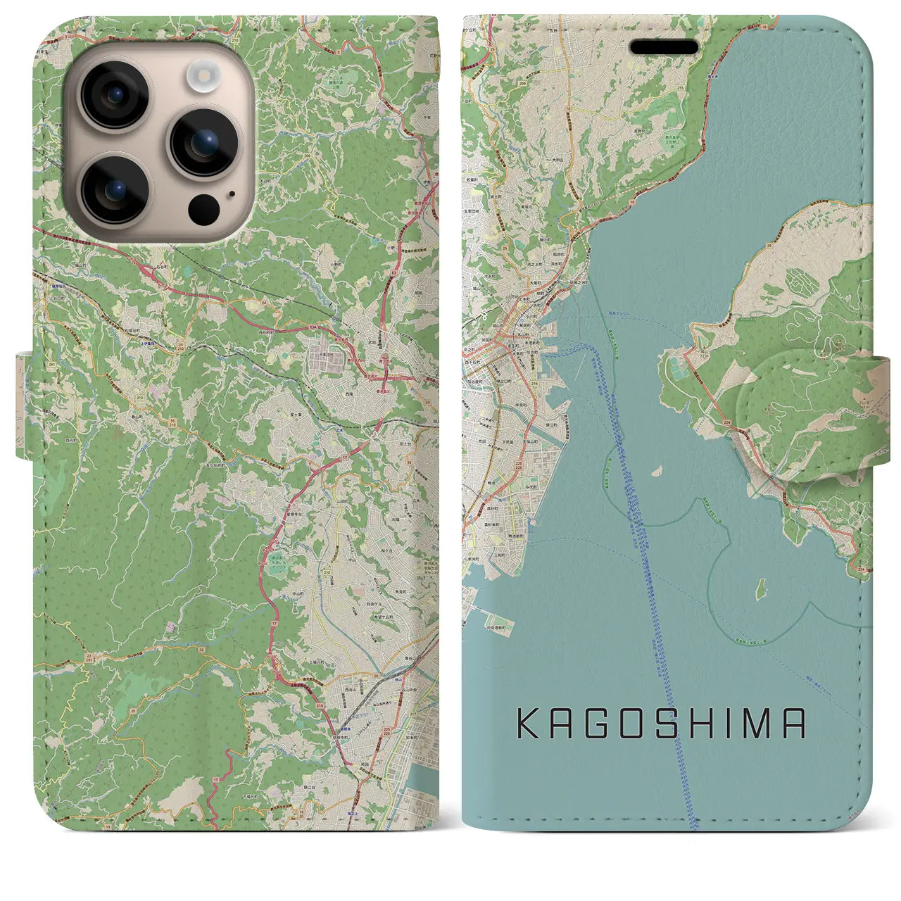 【鹿児島（鹿児島県）】地図柄iPhoneケース（手帳タイプ）ナチュラル・iPhone 16 Plus 用