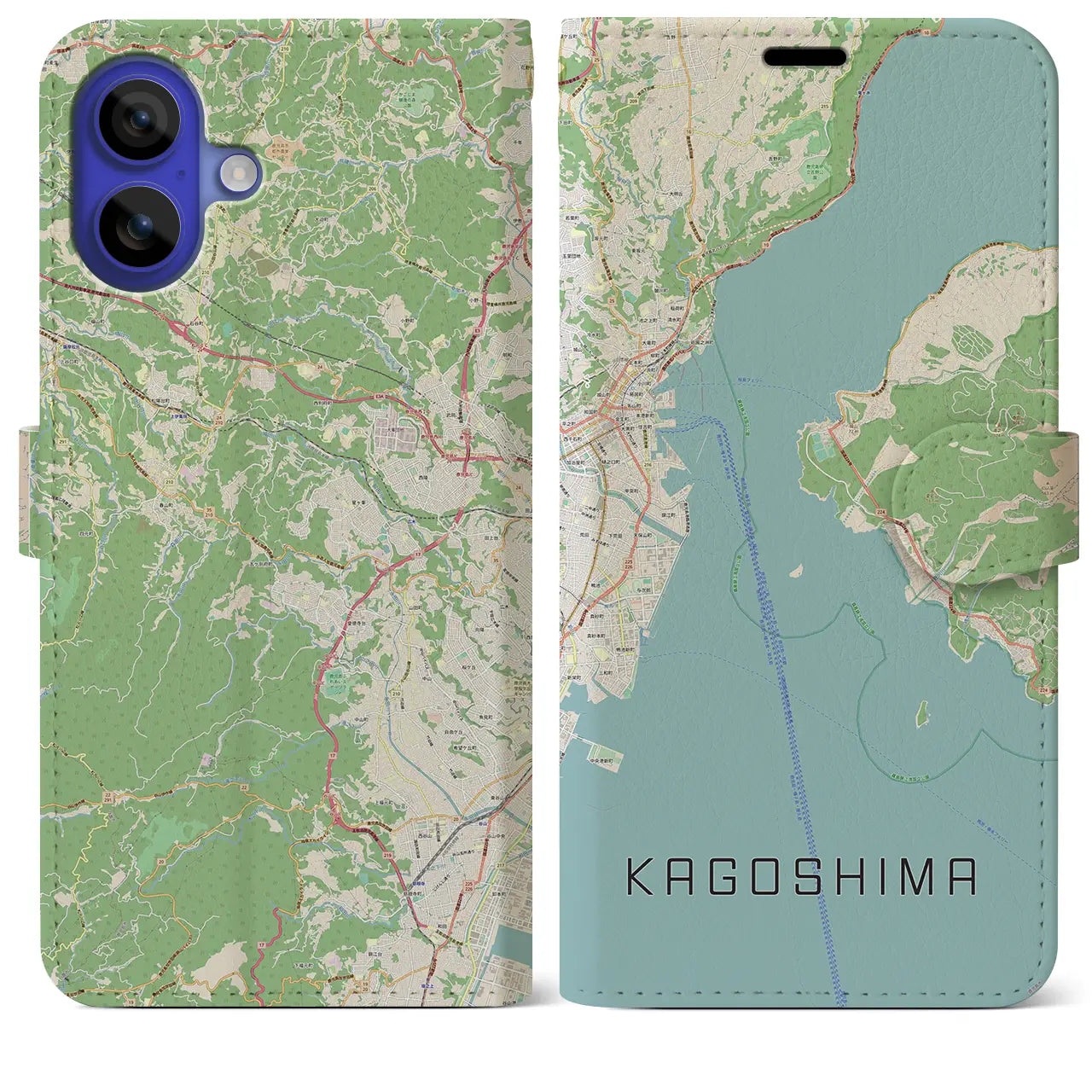 【鹿児島（鹿児島県）】地図柄iPhoneケース（手帳タイプ）ナチュラル・iPhone 16 Pro Max 用