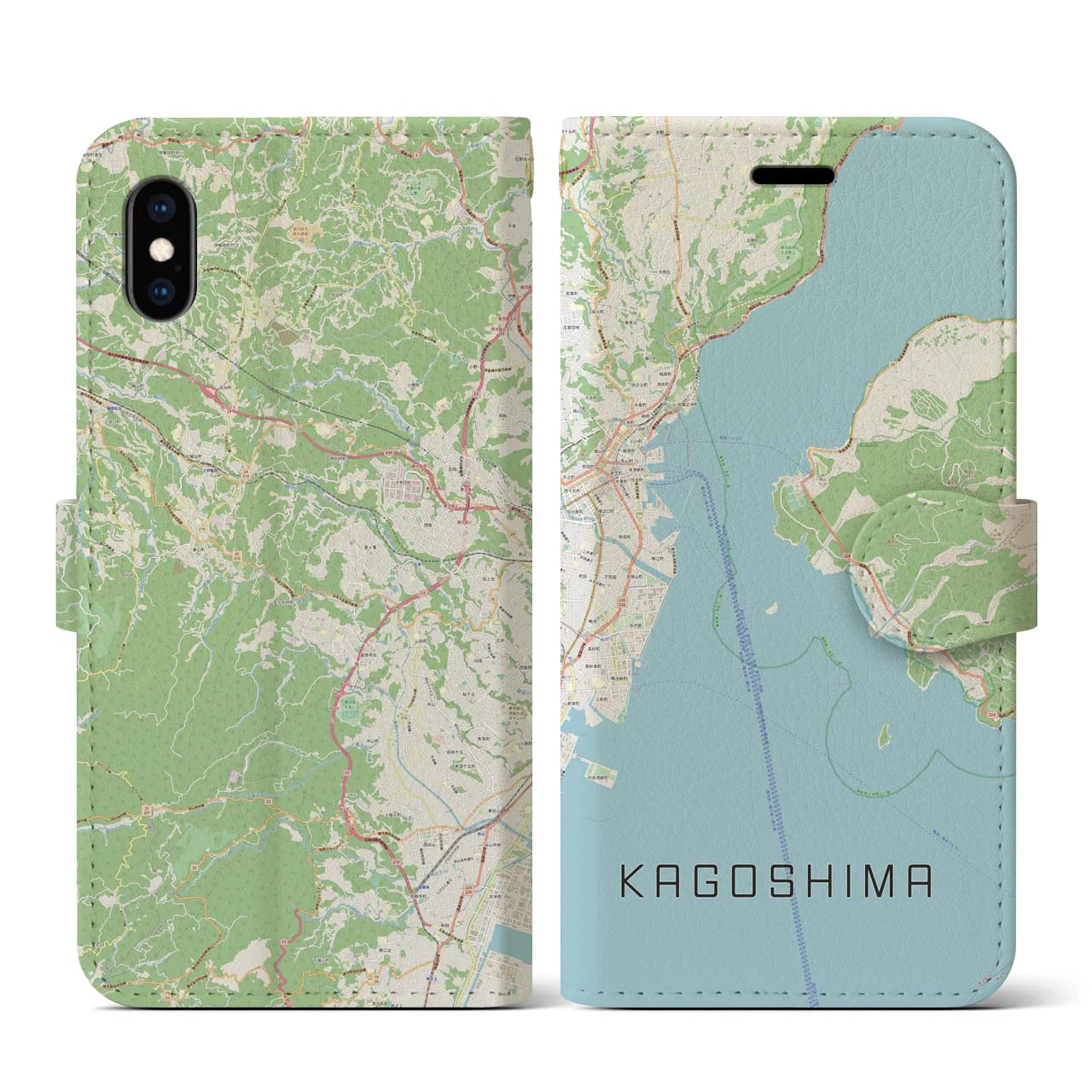 【鹿児島（鹿児島県）】地図柄iPhoneケース（手帳タイプ）ナチュラル・iPhone XS / X 用