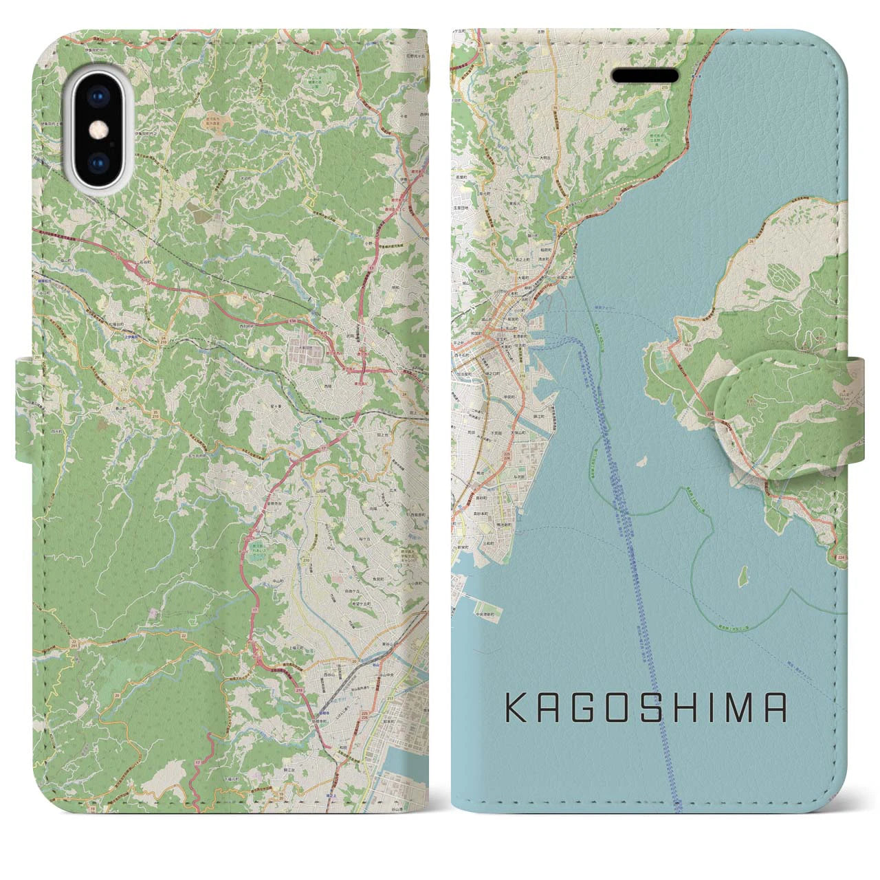 【鹿児島（鹿児島県）】地図柄iPhoneケース（手帳タイプ）ナチュラル・iPhone XS Max 用