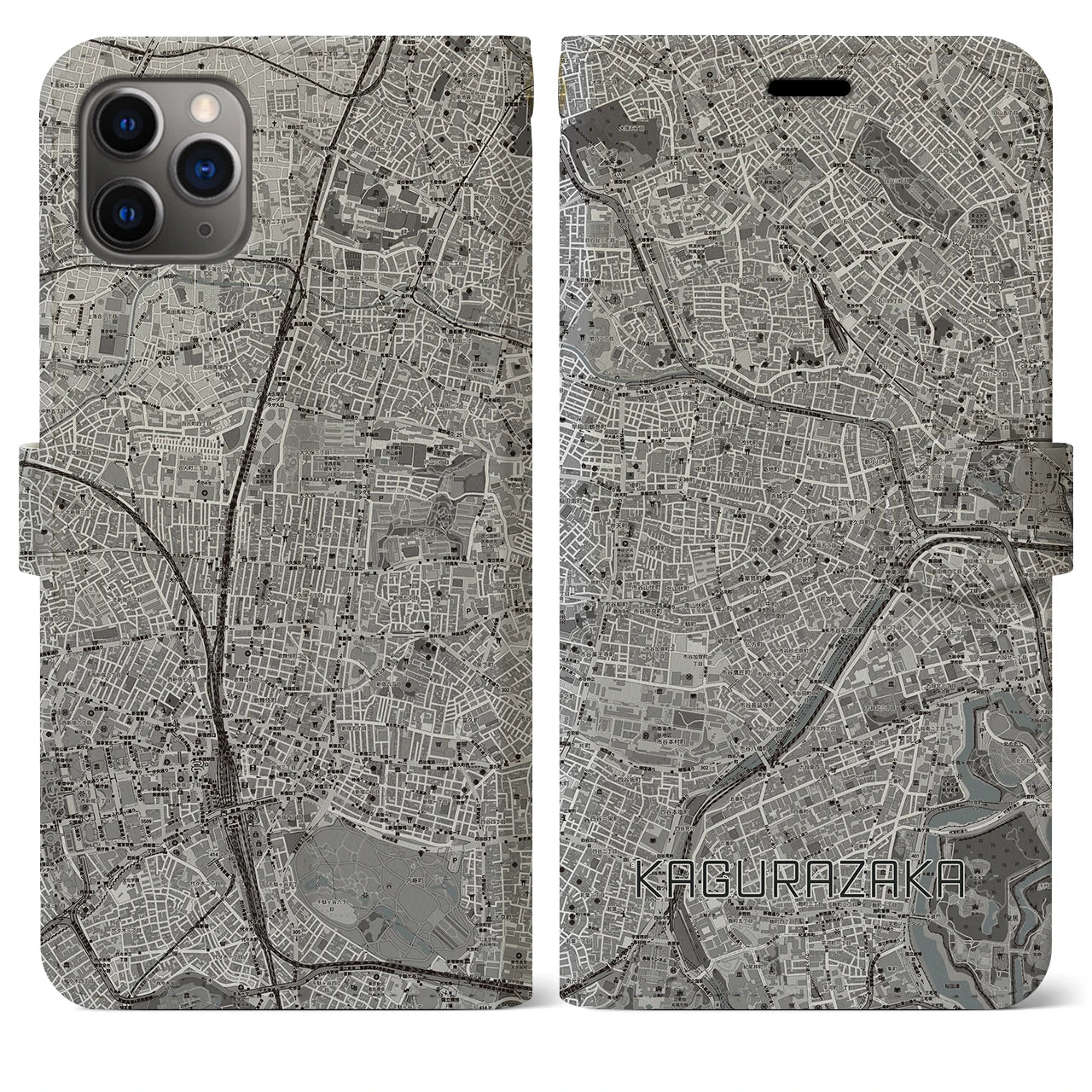 【神楽坂】地図柄iPhoneケース（手帳両面タイプ・モノトーン）iPhone 11 Pro Max 用