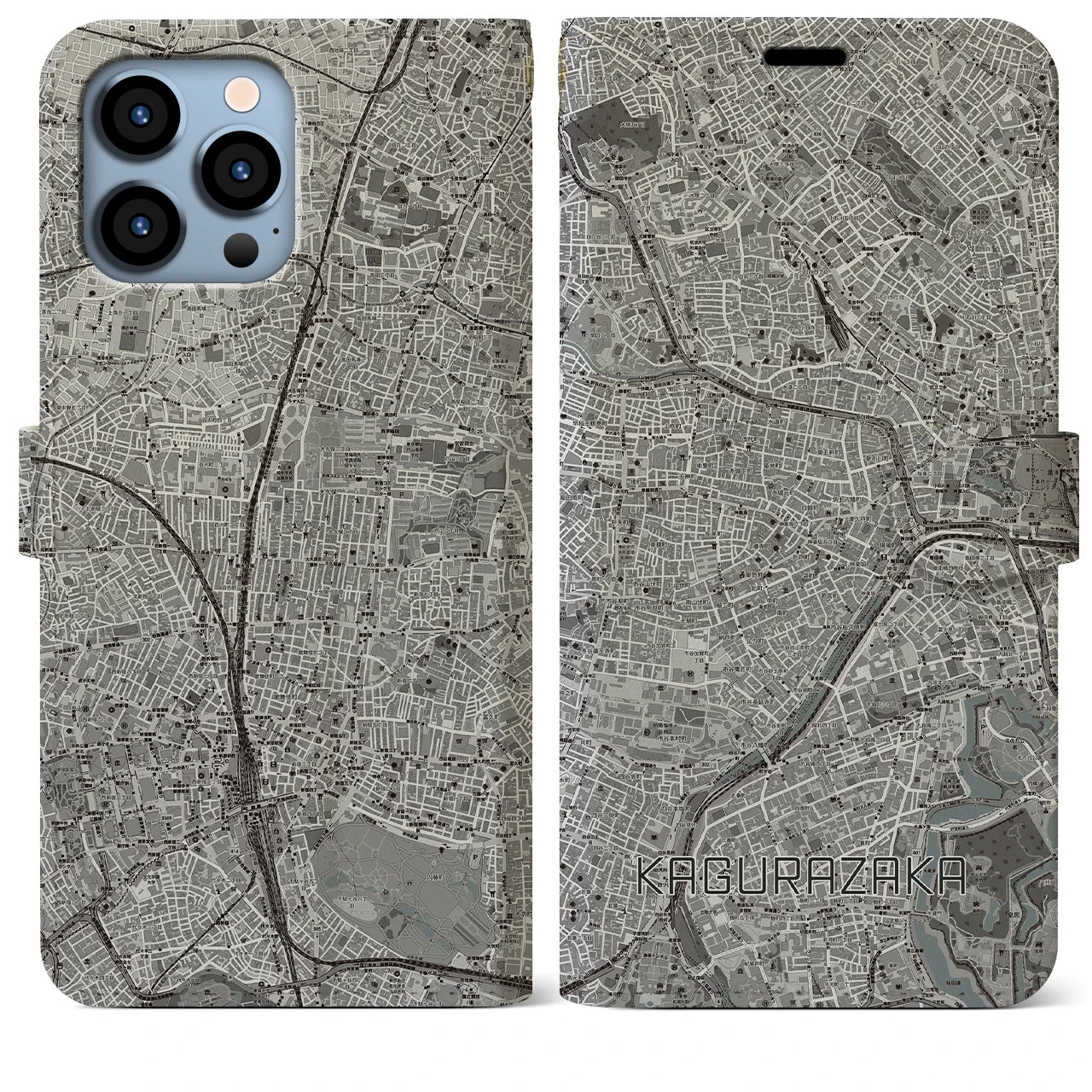 【神楽坂】地図柄iPhoneケース（手帳両面タイプ・モノトーン）iPhone 13 Pro Max 用