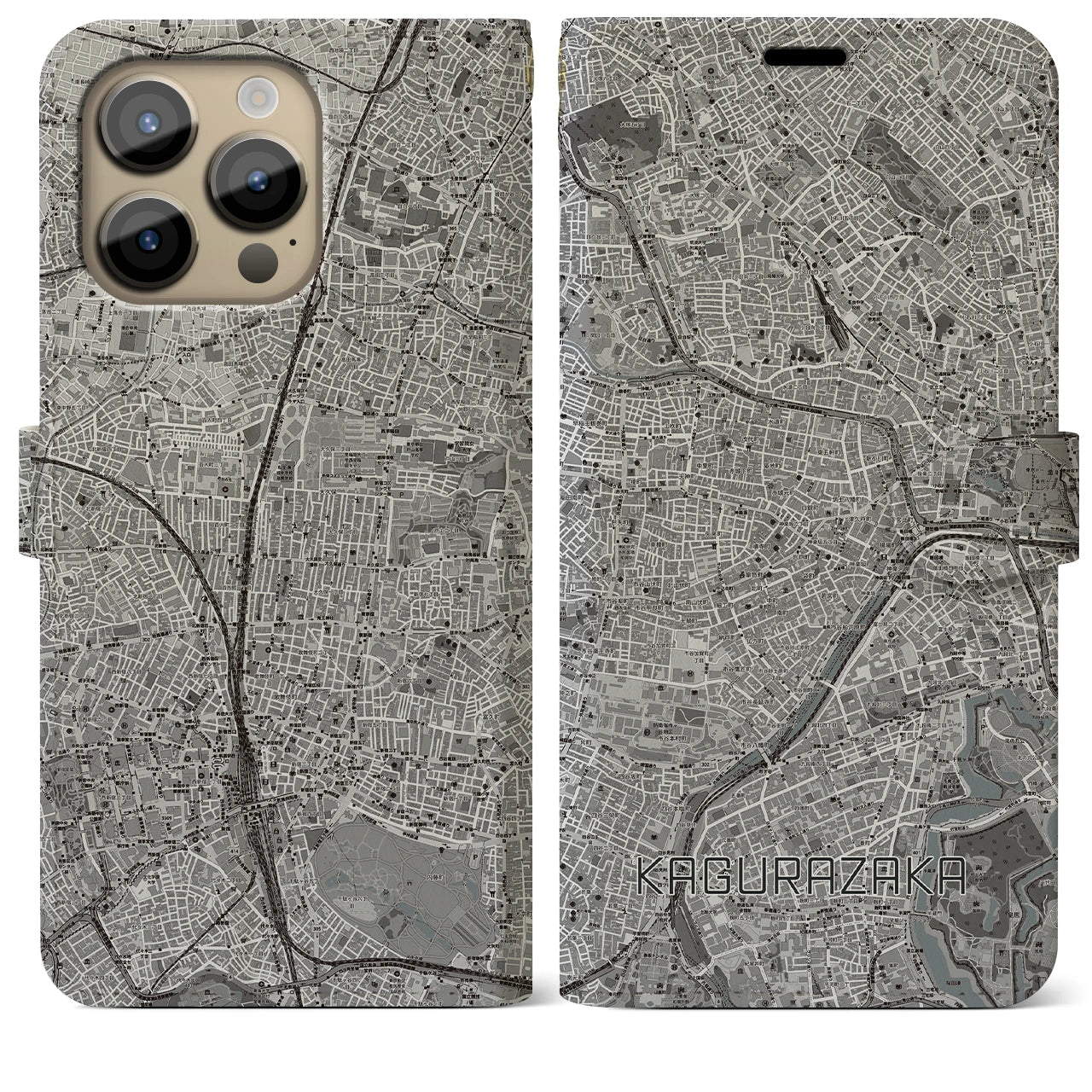 【神楽坂】地図柄iPhoneケース（手帳両面タイプ・モノトーン）iPhone 14 Pro Max 用
