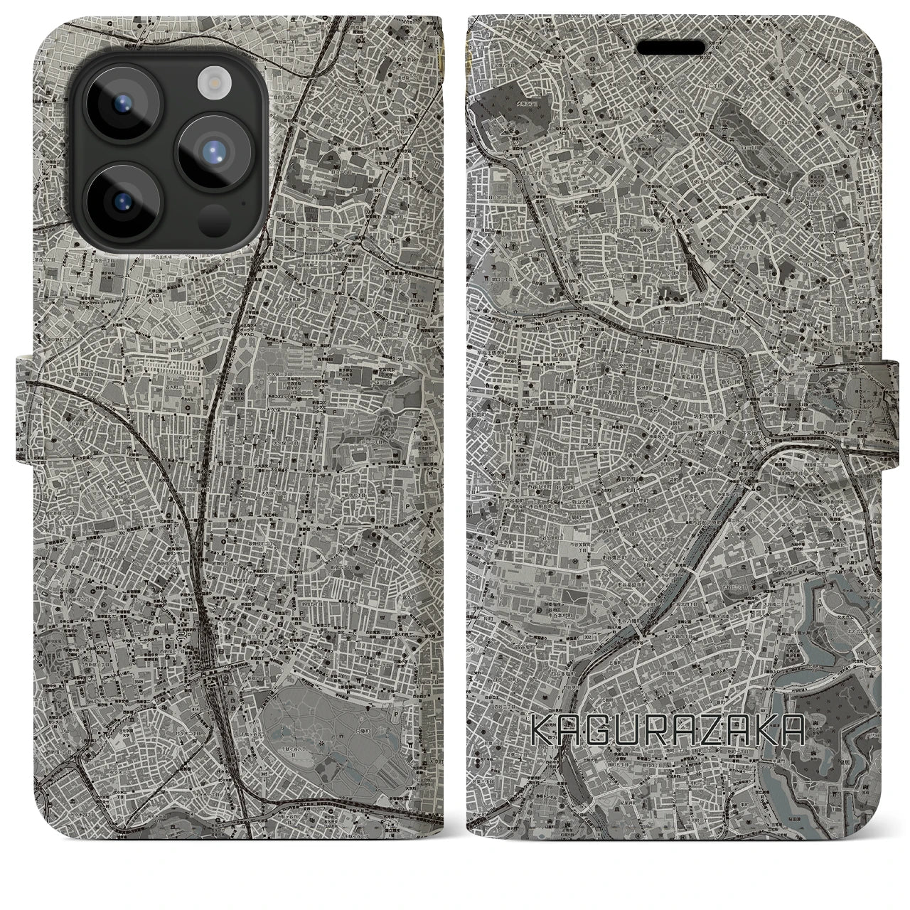 【神楽坂】地図柄iPhoneケース（手帳両面タイプ・モノトーン）iPhone 15 Pro Max 用