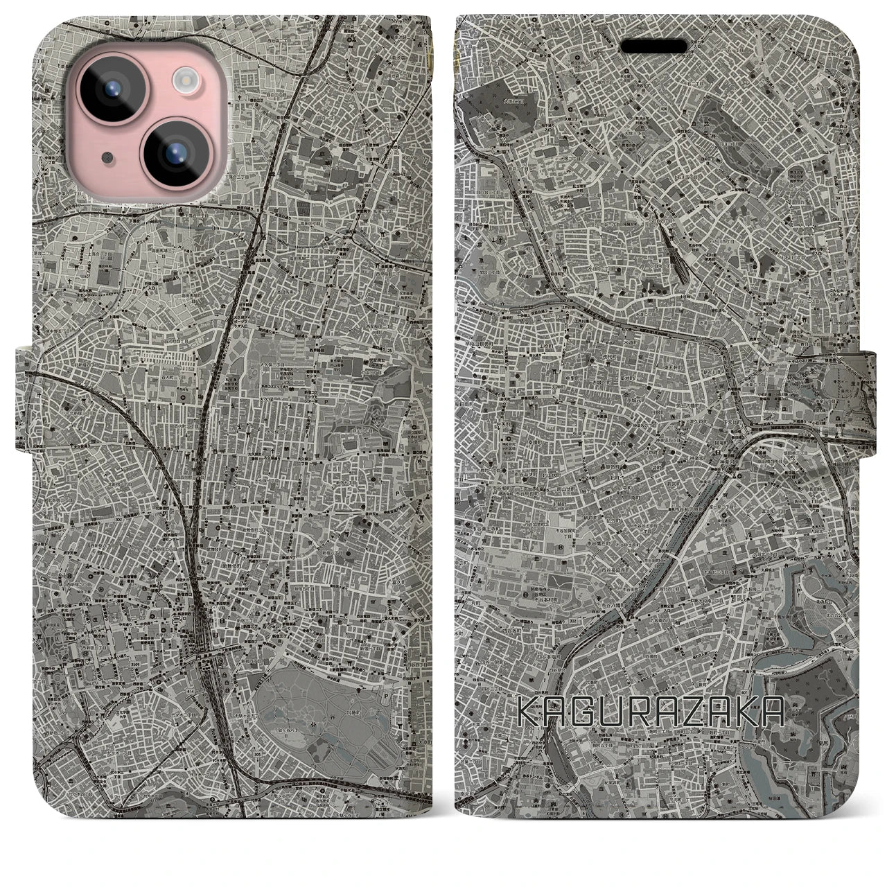 【神楽坂（東京都）】地図柄iPhoneケース（手帳タイプ）モノトーン・iPhone 15 Plus 用