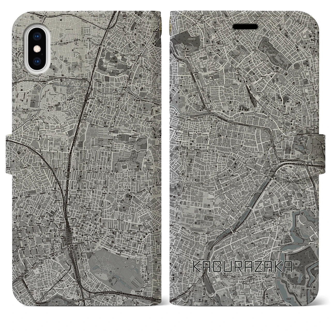 【神楽坂（東京都）】地図柄iPhoneケース（手帳タイプ）モノトーン・iPhone XS Max 用